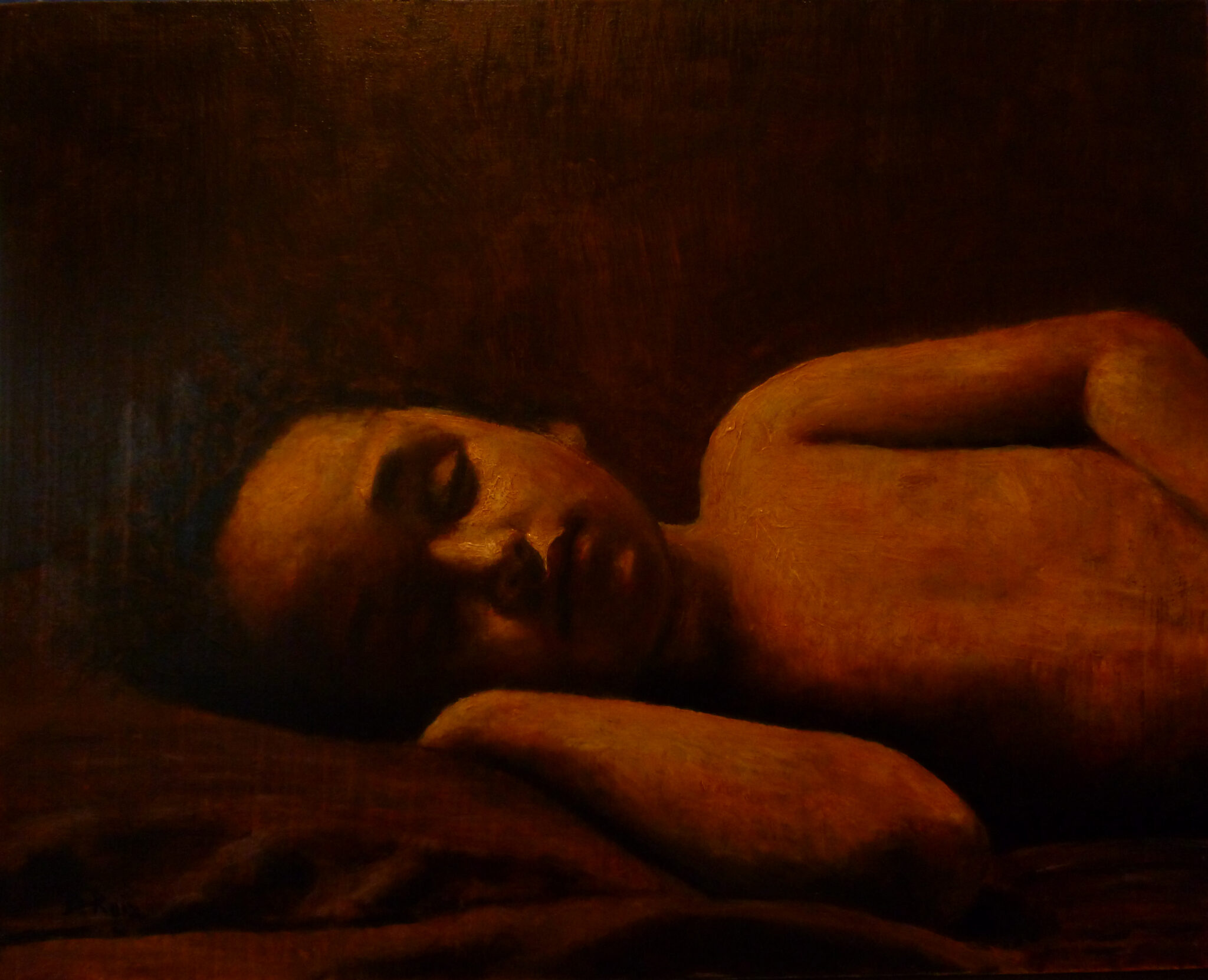 Painting of a person sleeping peacefully on a dark background, highlighting gentle features and tranquility.